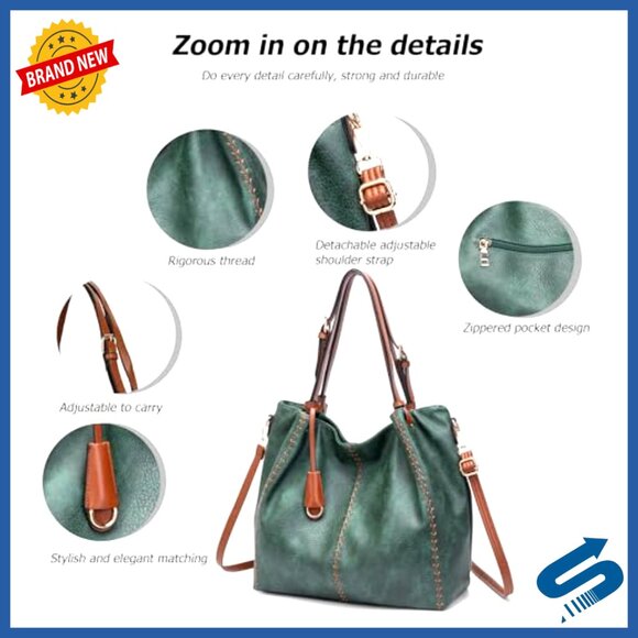 Soft Leather Hobo Shoulder Bag Tote with Rivet Detail Structured Purse - Picture 6 of 7